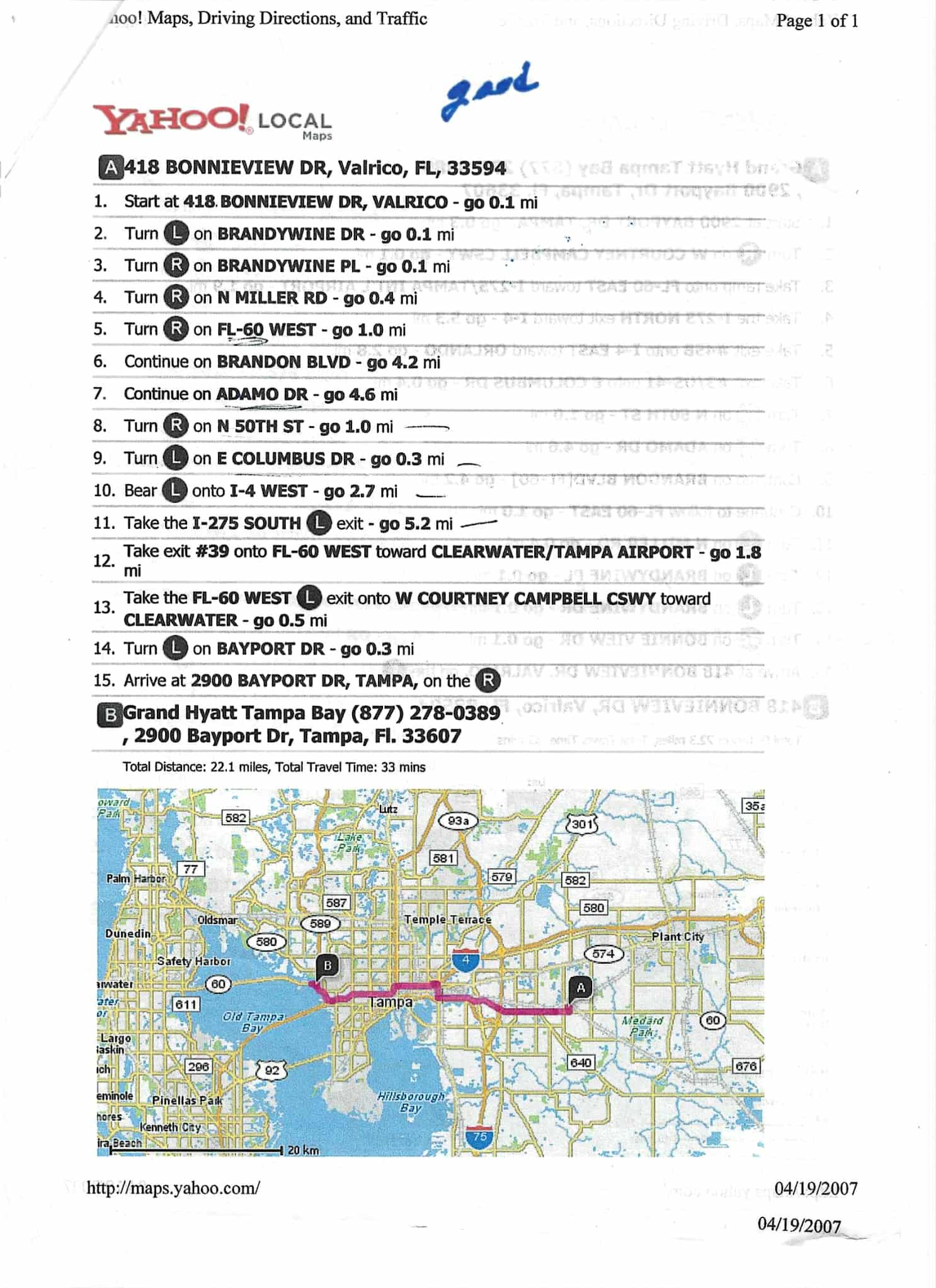 Yahoo Maps destination details for Tampa hotel