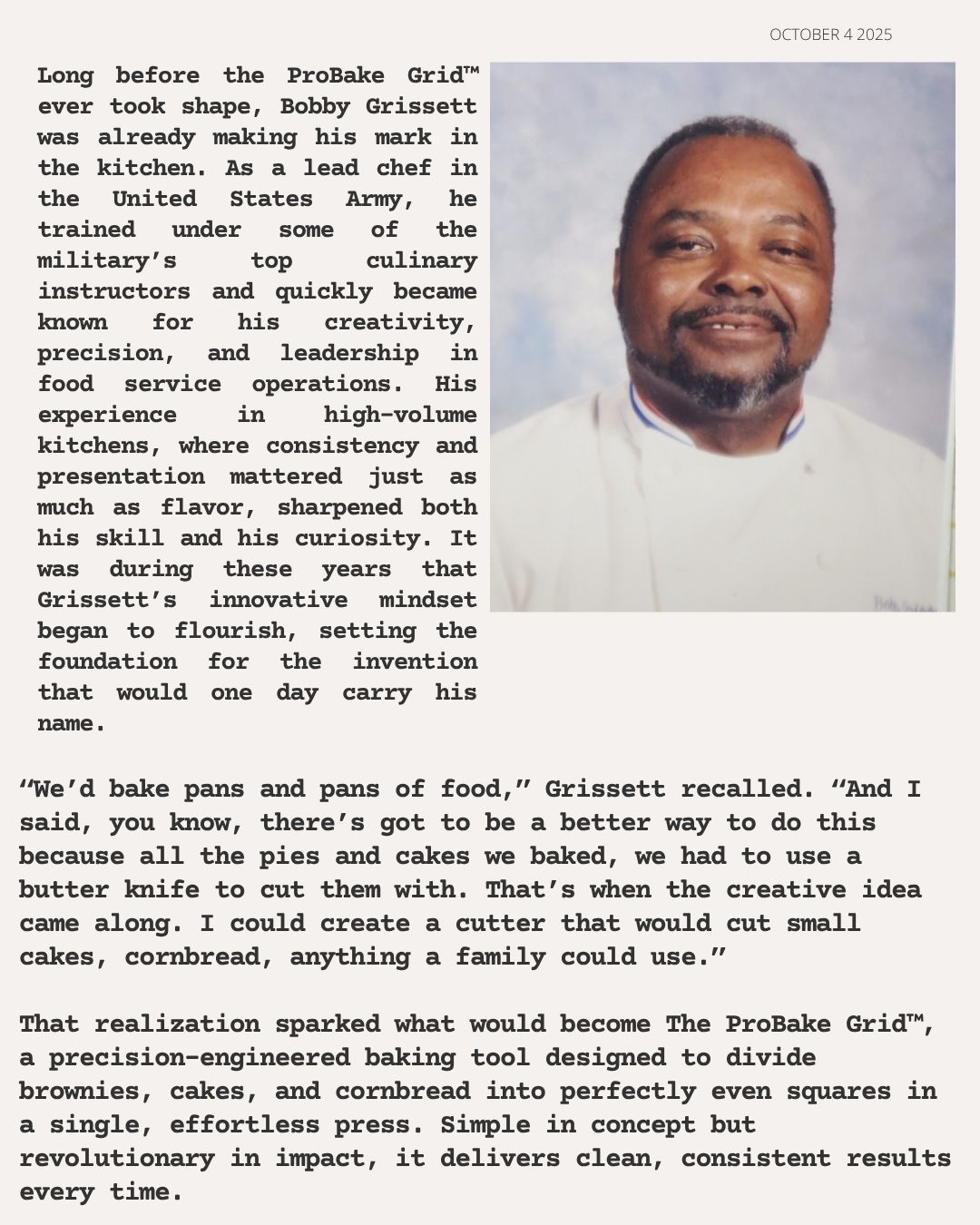 Bobby's military background and the origin of the ProBake Grid invention