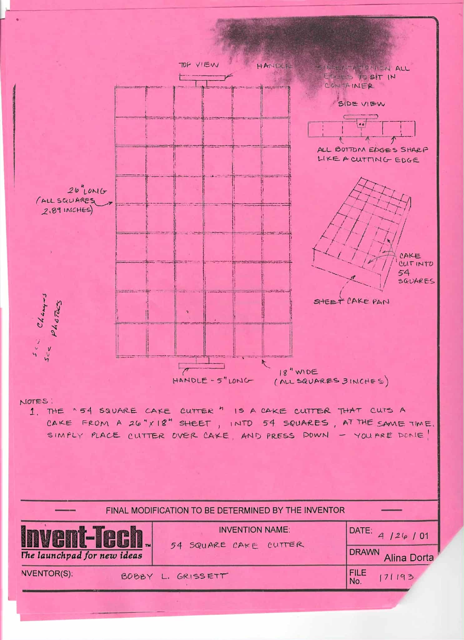 Bobby's early technical sketch of the 54 Square Cake Cutter